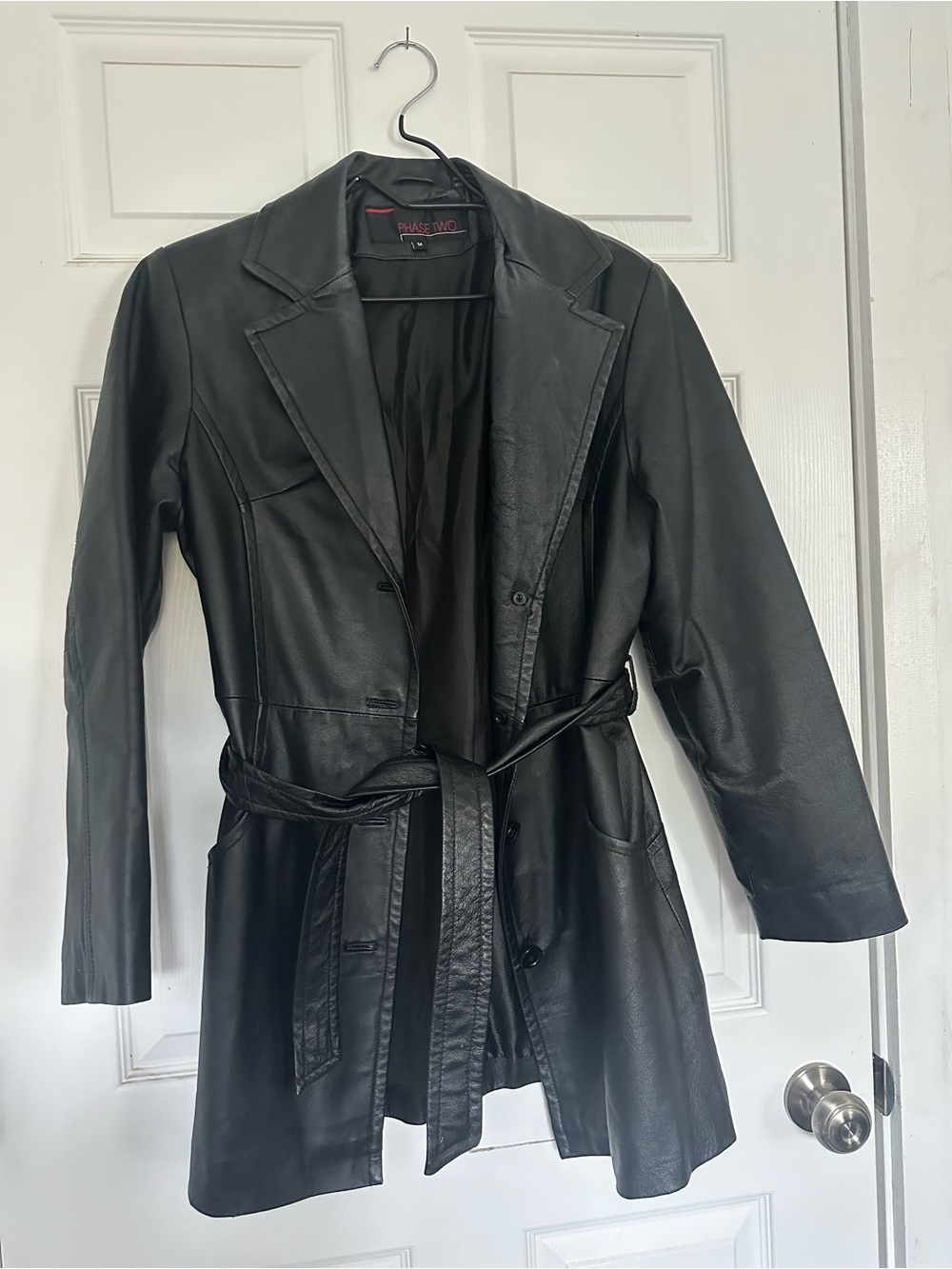 Phase Two Black Belted Faux Leather Trench Coat